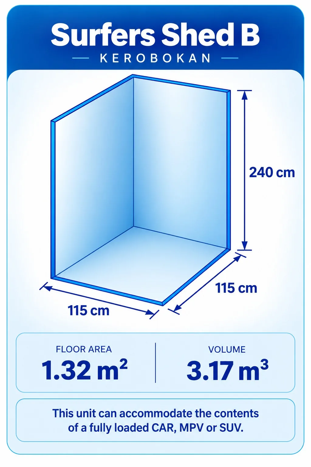 Surfers Shed B — 3D storage unit layout
